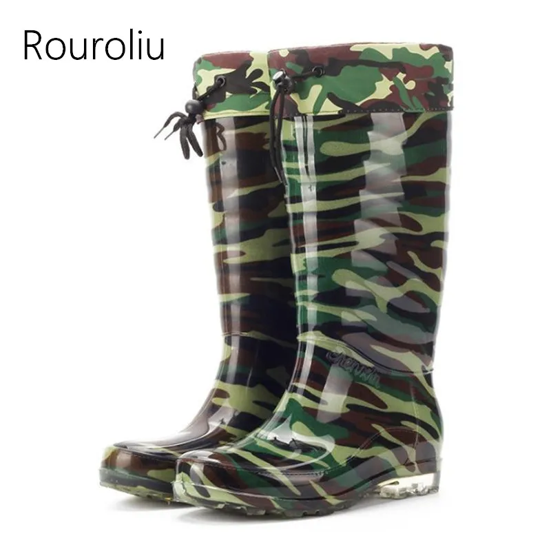 

Rouroliu Men Knee-High PVC Camouflage Green Rain Boots Male Autumn Winter Waterproof Non-Slip Safety Work Rainboots TR93