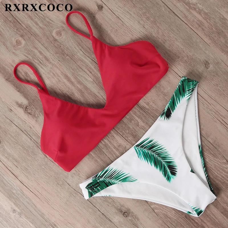 RXRXCOCO Bandage Bikini 2019 Printed Swimwear Women Swimsuit Solid Hollow Out Bathing Suit Low Waist Bikini Padded Push Up Badpa