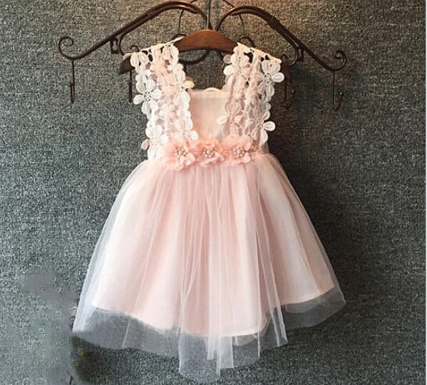 2016 Mùa Hè Bé Gái Ren Hollow Out Floral Sash Dresses, công chúa Thời Trang Đảng Mặc Màu Hồng Màu Xanh Trắng 5 cái/lốc, bán buôn