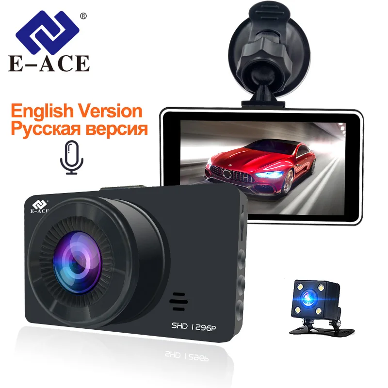 

E-ACE Car DVR Dash Camera Voice Control Video Recorder 3.0 Inch FHD 1296P Dashcam Auto Registrator Nigh Vision Dual Lens