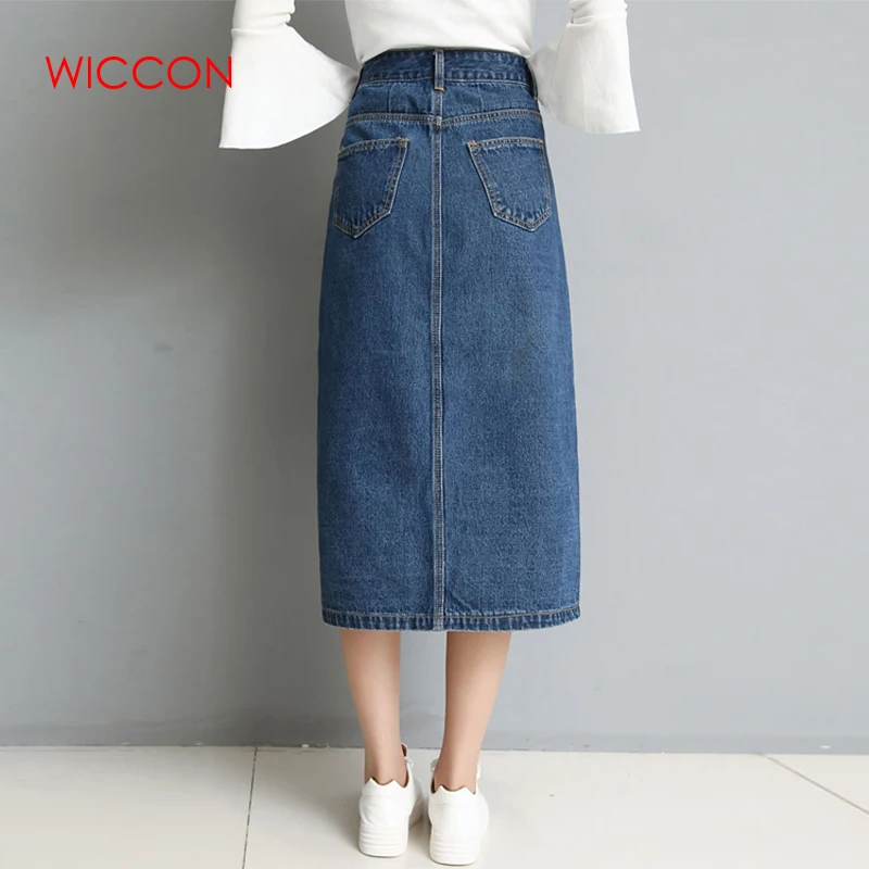 WICCON, осень, весна, элегантная женская джинсовая юбка с высокой талией,, на пуговицах, с карманом, винтажная, трапециевидная, повседневная, синяя, Джинсовая, до середины икры юбка