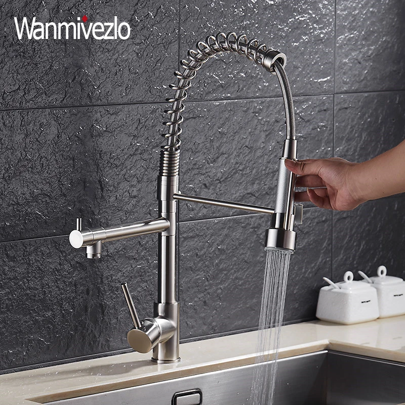 

Wanmivezlo Multifunctional Brushed Nickle Kitchen Basin Faucet Pulldown Sprayer Dual Handle Dual Spout Cold and Hot Pipes Faucet