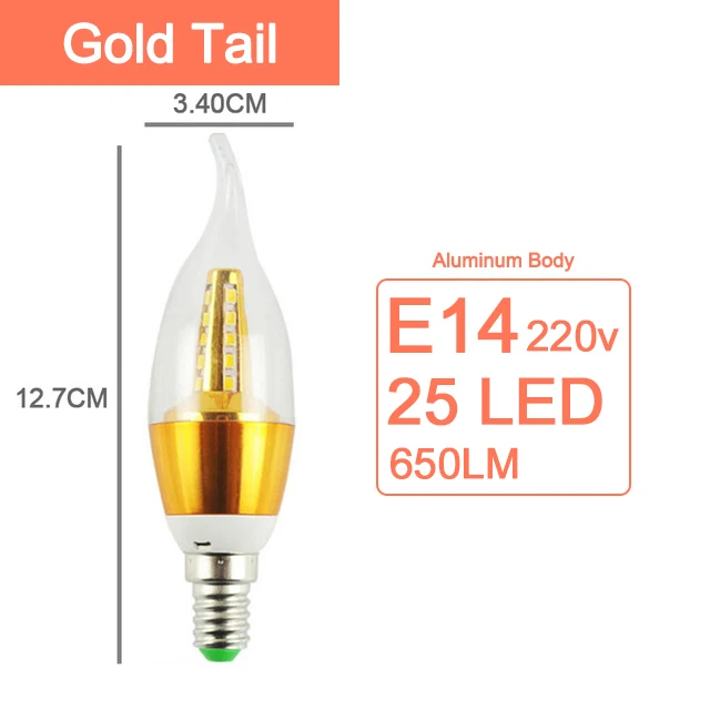 Светодиодный лампы E14 Золотой Алюминий светодиодный лампы в форме свечи лампы 9W 12W Светодиодный светильник AC 220V светодиодный лампы холодный теплый белый Lampada Bombillas Lumiere Lampara - Испускаемый цвет: Gold Tail 25LEDs