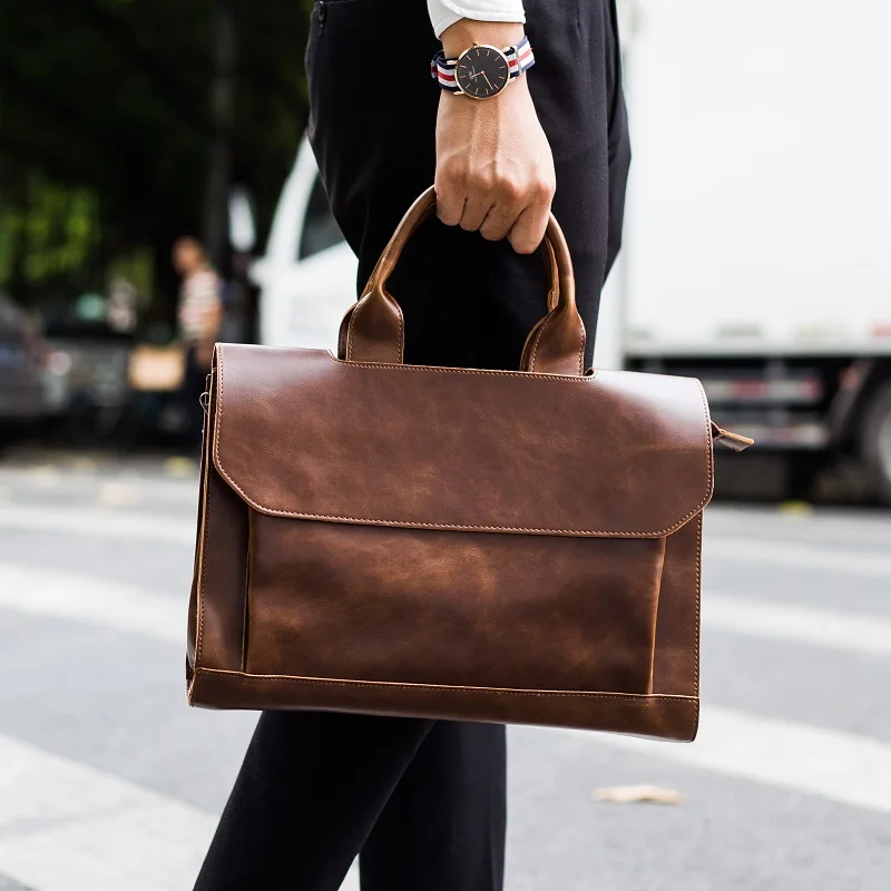 Men's briefcase Crazy horse leather diagonal cross shoulder bag male handbag messenger bags business 14 inch Laptop briefcases
