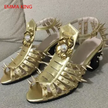 

Spike Studded Gold Women Gladiator Sandals Peep Toe Ankle Strap Chunky High Heels Pumps Leather Women Summer Shoes Sandalia