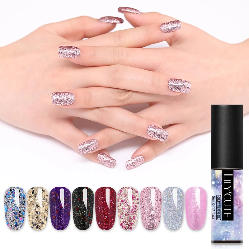  LILYCUTE 5ml Glitter Sequins Gel Polish Fast Dry Soak Off UV LED Nail Gel Varnish Pink Rose Gold Co