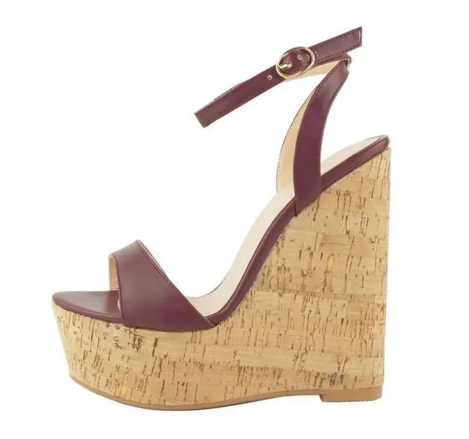 

Concise Wedges High Platform Open Toe Sandals Woody Pattern Heels Cut Out Back Strap Burgundy Retro Height Increase Dress Shoes