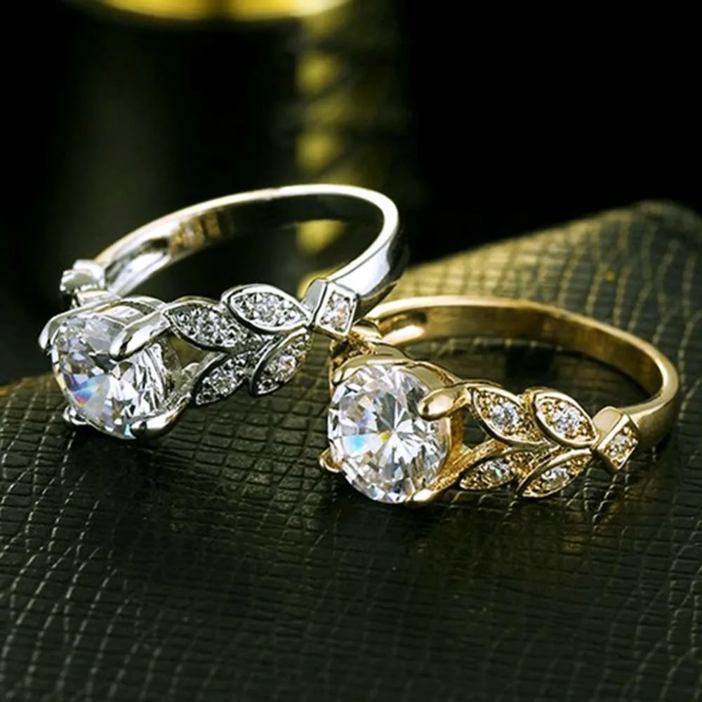 

Classic Wedding Finger White Zircon Flower Ring Love Engagement Luxury Crystal Leaf Ring For Women Jewelry