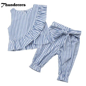 

2018 Girls Casual Clothes Set Striped Sleeve Ruff Shirt With Bow Pants Children Summer Clothing Suit New Fashion Kids Sets
