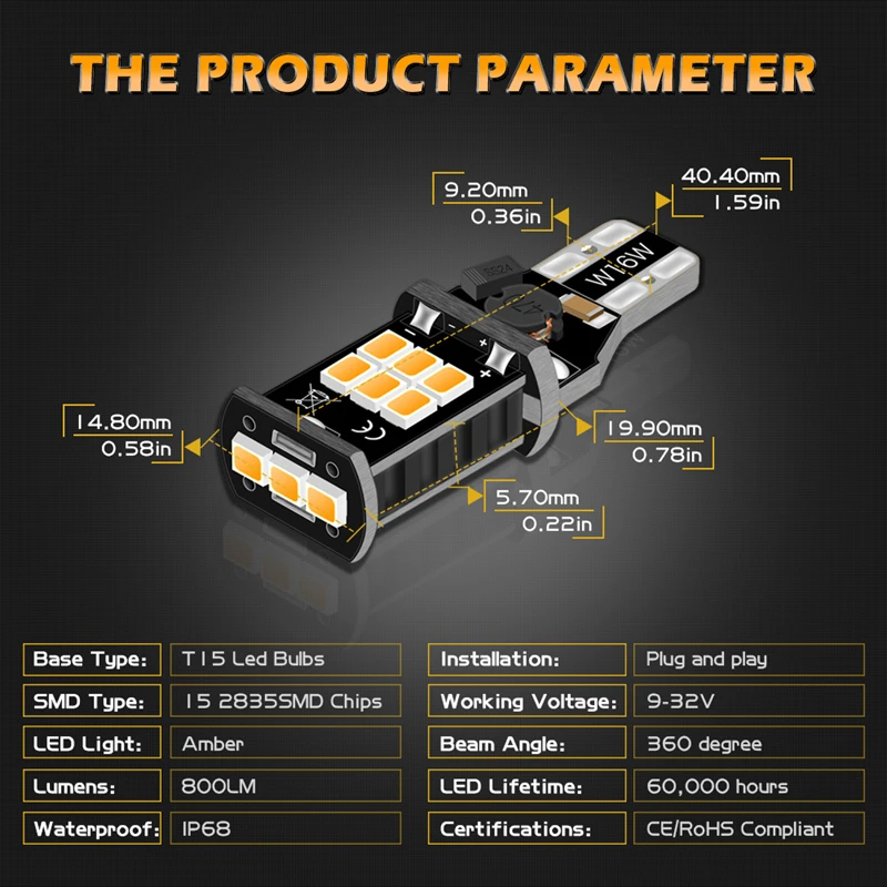 Katur 2 шт. Canbus T16 T15 Led лампа без полярности, светильник для парковки, резервные фонари заднего хода, лампы для авто, без ошибок, светильник ing Orange 921 912