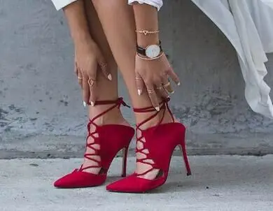 

new year spring summer rose red pointed toe high heel pumps suede leather lace up cut-outs thin strappy stiletto heel shoes