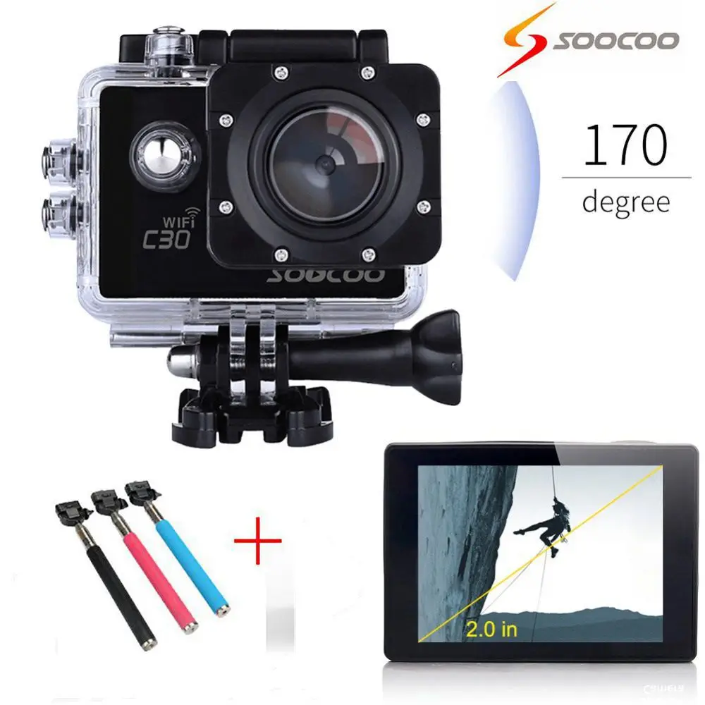 SOOCOO C30 4K Gyro Ultra HD Wifi Action Camera 70-170 Degrees 2.0 LCD Deportiva Mini Camcorders Helmet Cam+Selfie Stick