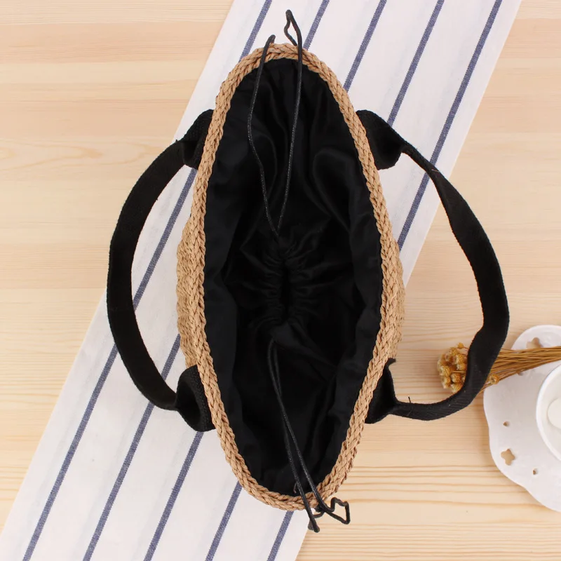  Women's bag New Portable Bucket Braided Handkerchief Black Ribbon Straw Bag Summer Holiday Photogra