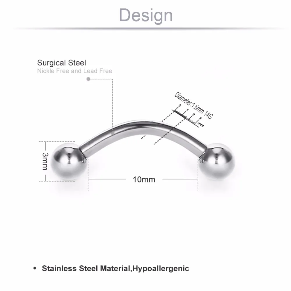 10 шт./лот 316L Нержавеющая сталь винт в шаровая Головка бровей Триммер для носа пирсинг 16G/14G банан полированная, ювелирное изделие для тела, 6/8/10/12 мм MD003