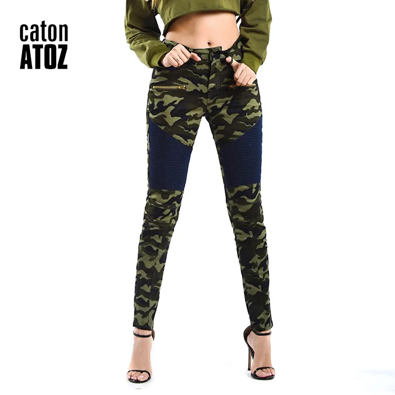 

catonATOZ 2200 Women's Plus Size Camouflage Motorcycle Jeans Fashion Stretch Slim Pleated Camo Skinny Jeans For Woman