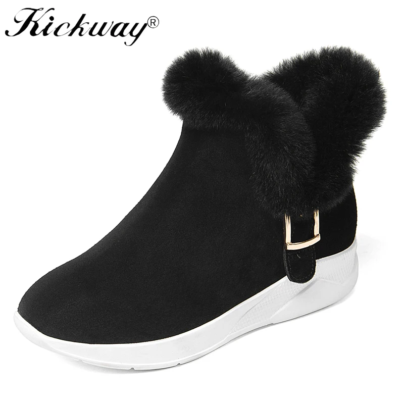 

Kickway 2018 Winter women snow boots women warm push ankle boots female med wedge waterproof Boots shoes cow suede plus real fur