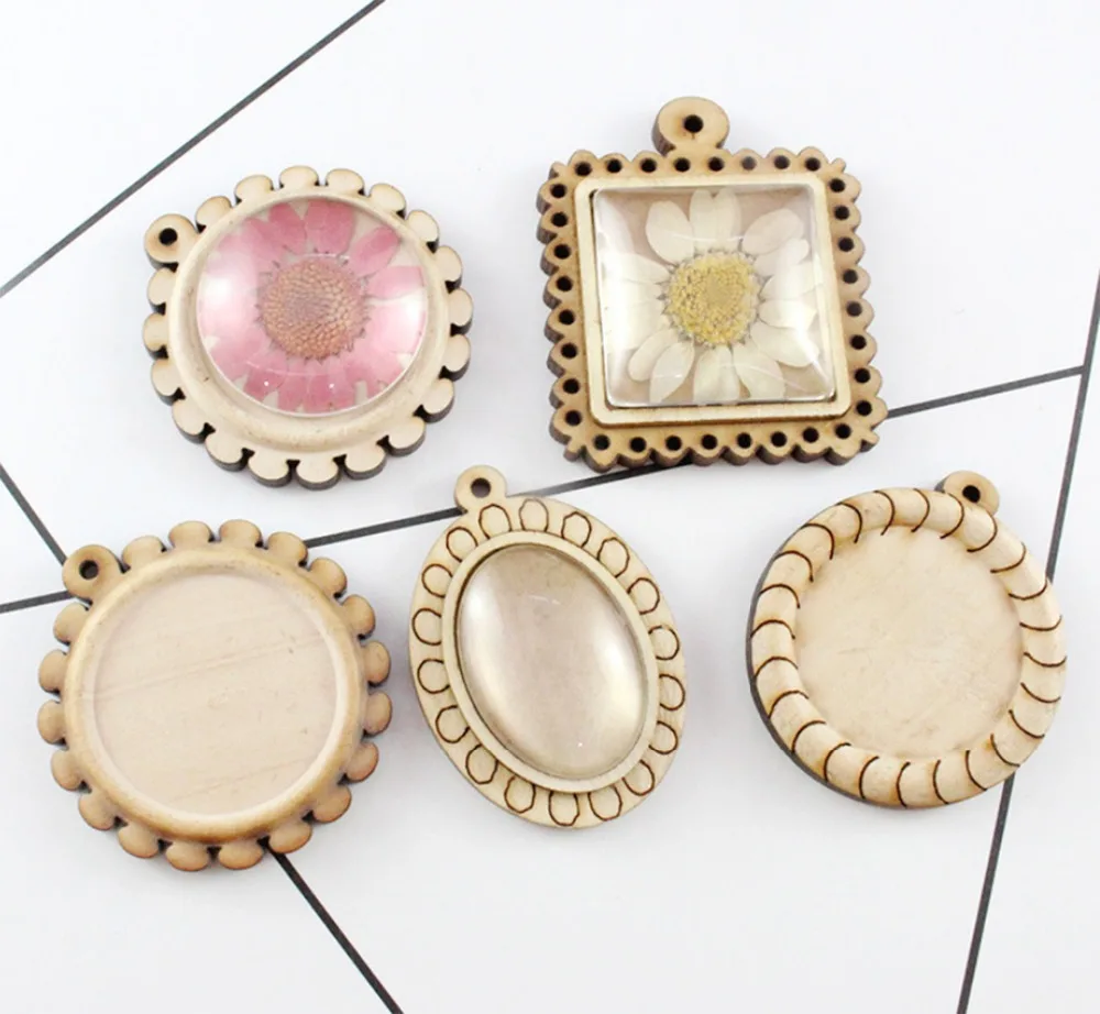 Flower Edge Wooden Pendant Tray Round/Square/Oval Bezel Setting Blanks