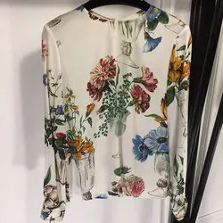 Цветочный принт блузка для женщин Повседневное с длинным рукавом 100% шелк белые рубашки 2019 новые женские рубашки