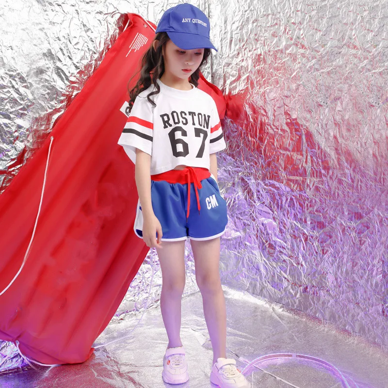 Children Girls Crop White top shorts Street Dance Costume Hip Hop Jazz Dance Clothing Set Stage Performance Dancewear 4-18 years (5)