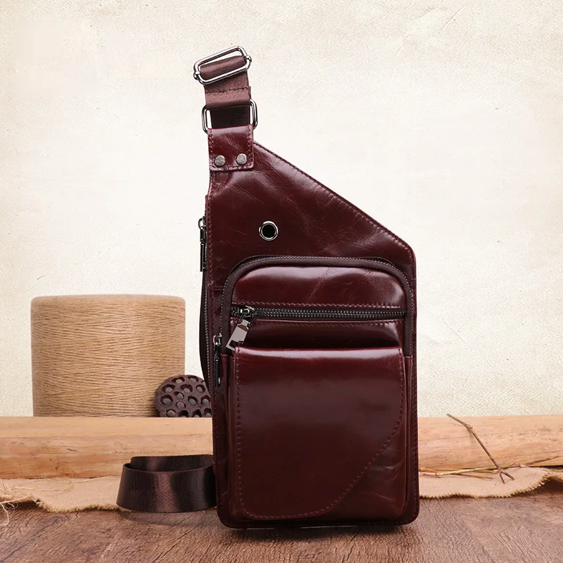 Мужская сумка на грудь из натуральной кожи через плечо, сумка на ремне, сумка на ремне для наушников, сумка-мессенджер, большая емкость, повседневная сумка - Цвет: Red Oil