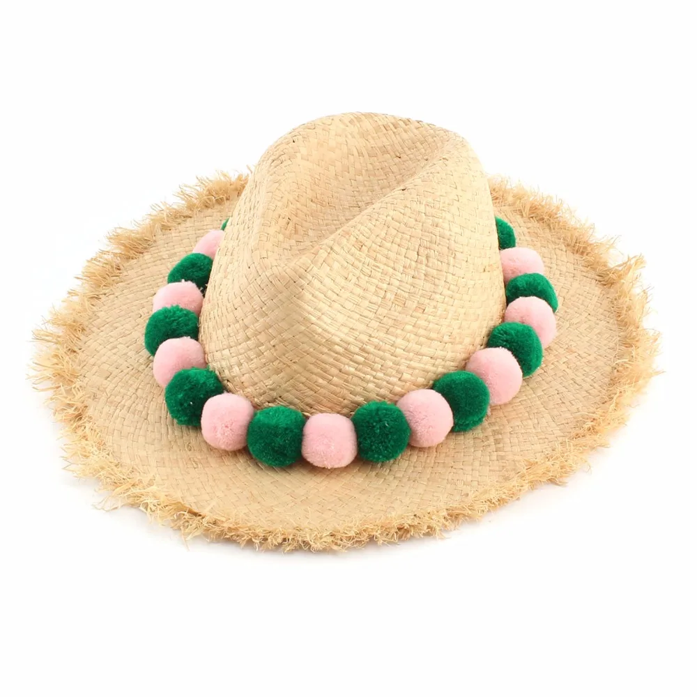 Women Straw Hats 2017 Summer New Pompom Natural Panama Beach Sun Hat For Holiday Casual
