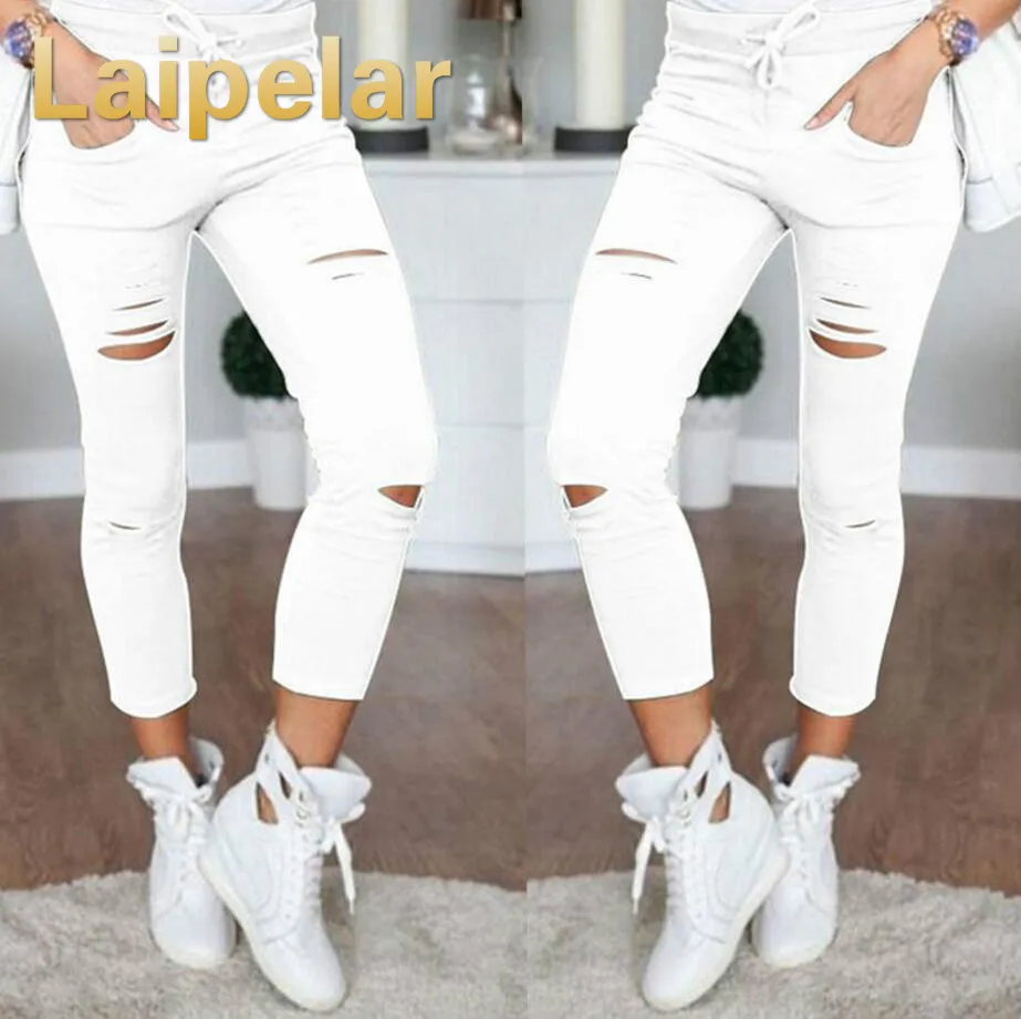 New 2018 Skinny Jeans Women Denim Pants Holes Destroyed Knee Pencil Pants Casual Trousers Black White Stretch Ripped Jeans