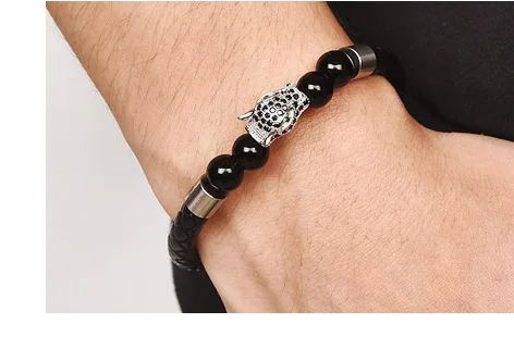 Jiayiqi браслет из натурального камня в стиле хип-хоп, уникальный браслет из бусин Пантеры, кожаный браслет из нержавеющей стали с магнитными застежками, мужские ювелирные изделия в стиле панк