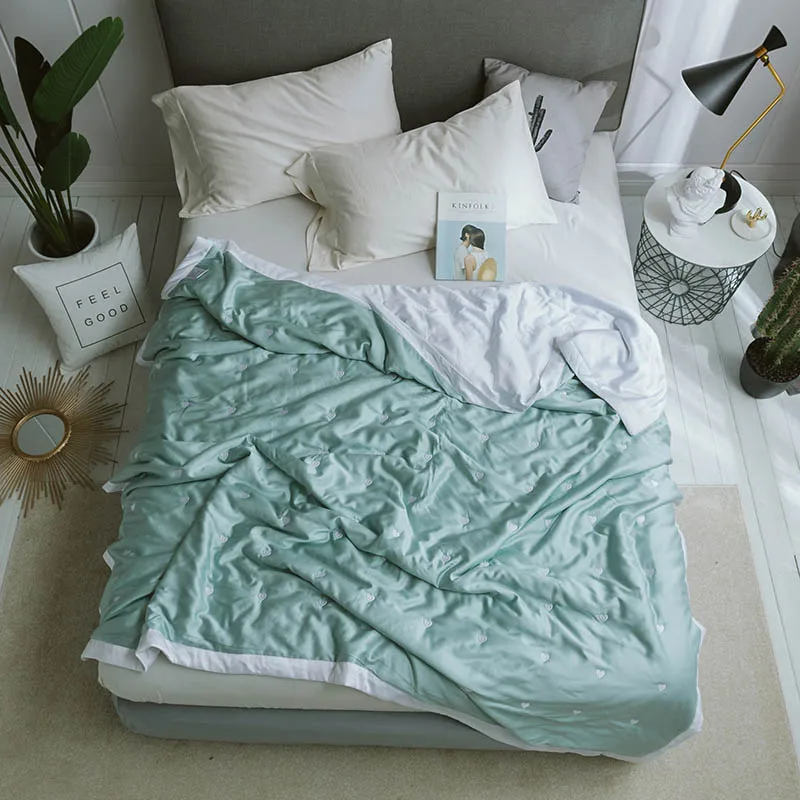 

Home Textile Adults Soft Blue Bed Quilt Comforter Washable Heart Quilted Modal Fiber Fabric Silky Duvet Summer Quilts