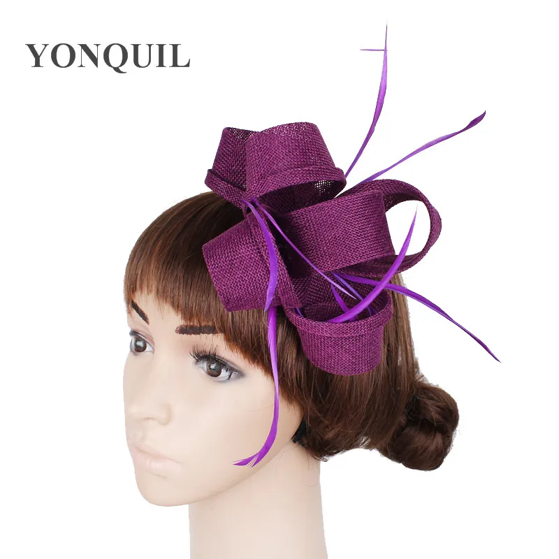 

Vintage Purple imitation sinamay fascinators hats women charming wedding clips feather hair accessories ladies party headbands