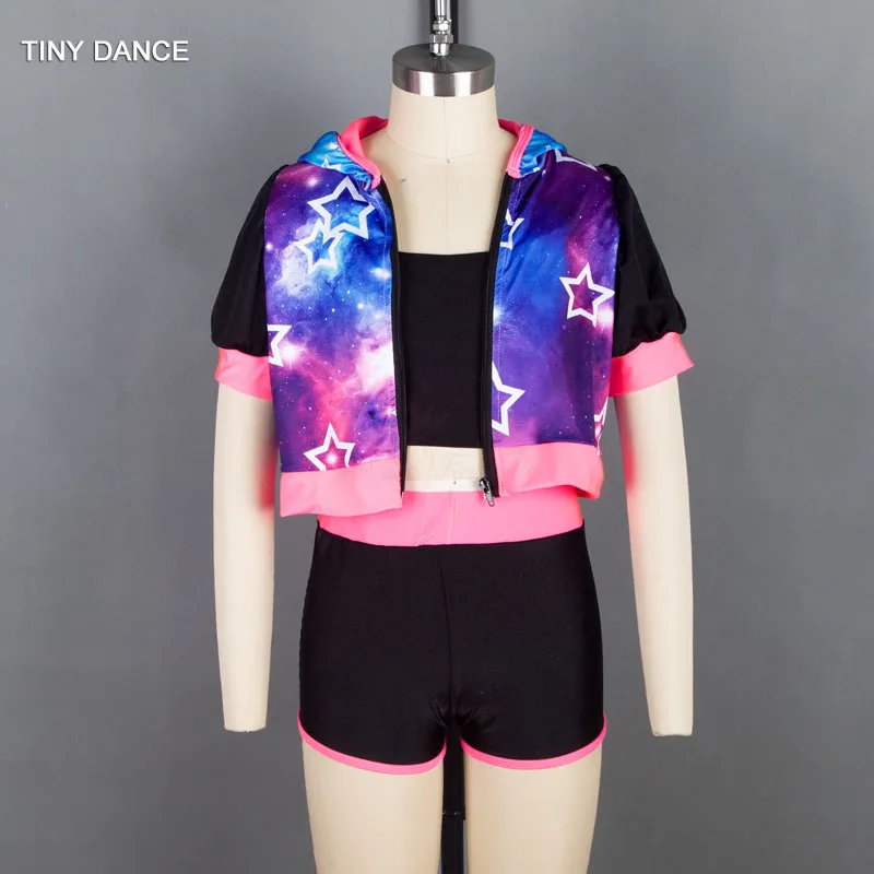 3 in 1 Child and Adult Jazz &amp Tap Dance Costume Set including Short Sleeve Hooded Jacket Black Spandex Bra Top Shorts 18318 |