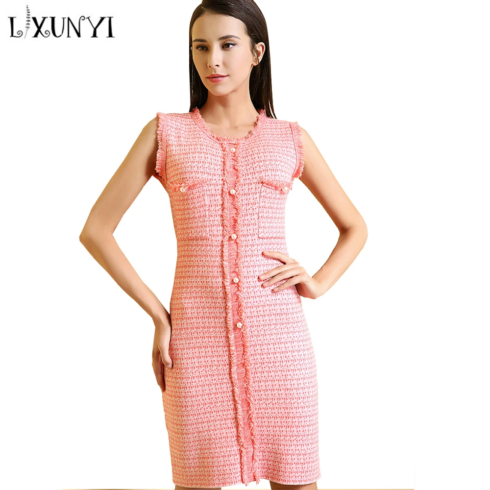 Au Rond Gaine Femmes 2018 Col Sexy Genou Pink Perlée Sans Robe Slim Fl1TKJc