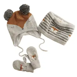 Зимние Детские теплые толстые девушки шапка шарф перчатки наборы из 3 предметов лиса вязаный детский детские вязаные шапки шарфы-кольца