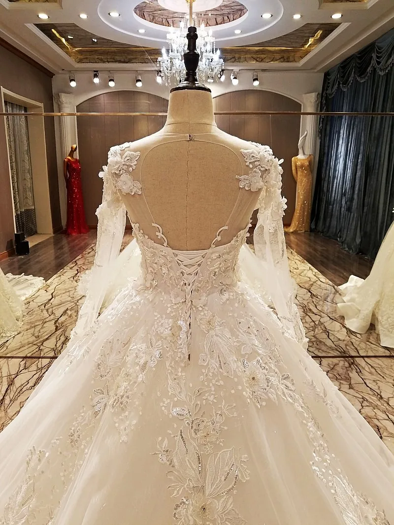 LS70776 свадебное платье с рукавами с белым цветом слоновой кости элегантный кружевной свадебное платье с длинными рукавами бальное платье хрустальные свадебные платья с длинным хвостом реальных фотографий