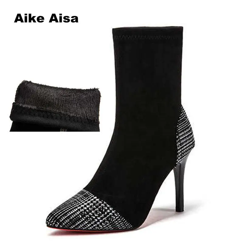 

Women Sock Boots Bling Sequin Patchwork Knit Slip On Winter Shoes Fashion Elastic Ankle Heel Boot Botines Mujer Zapatos De Mujer