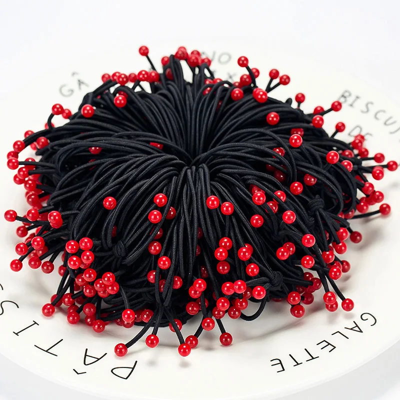 Wholesale 10 PCS New Black with Red beads Ponytail Holders Rubber Band Tie Gum Elastic Hair Band Hair Accessories For Girls (4)