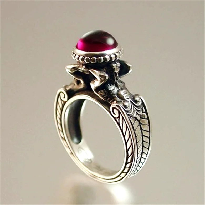 

The best-selling mermaid red stone ring European and American creative vintage 925 silver women's ring banquet party jewelry