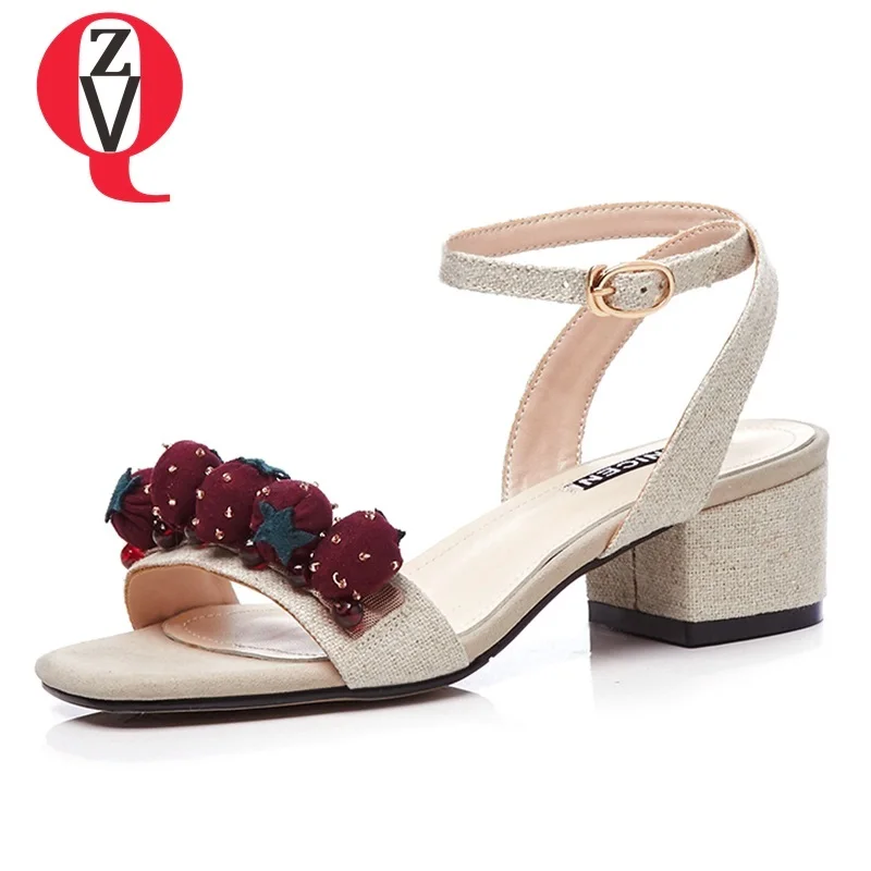 

ZVQ shoes woman 2019 summer new sweet appliques hemp women sandals outside med square heel open toe buckle apricot ladies shoes