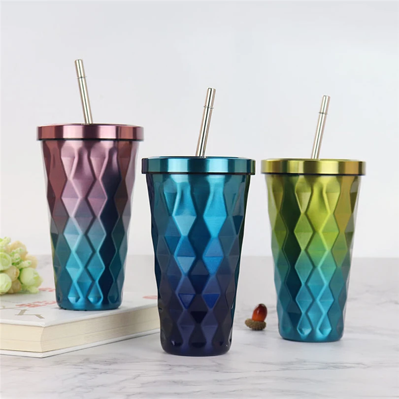 

Diamond Gradient Stainless Steel Cups With Straws 500ml Drinking Tumblers Eco-Friendly Portable Thermal Vacuum Bottle #Q22R