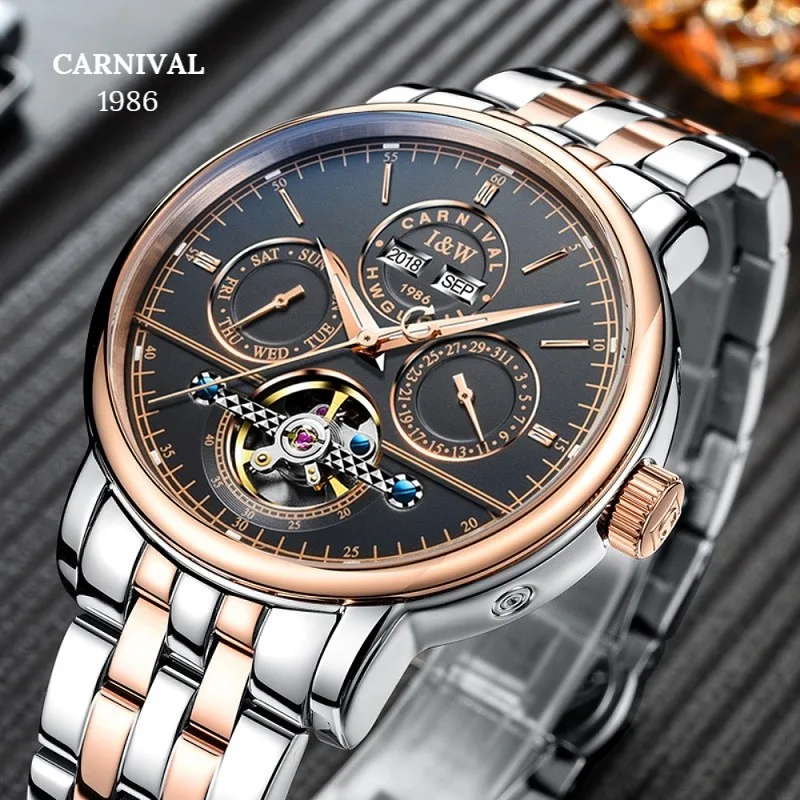 

Skeleton watch CARNIVAL Luxury Business Automatic Watch Men with Perpetual Calendar Calendar Week HD Luminous Mechanical Watches