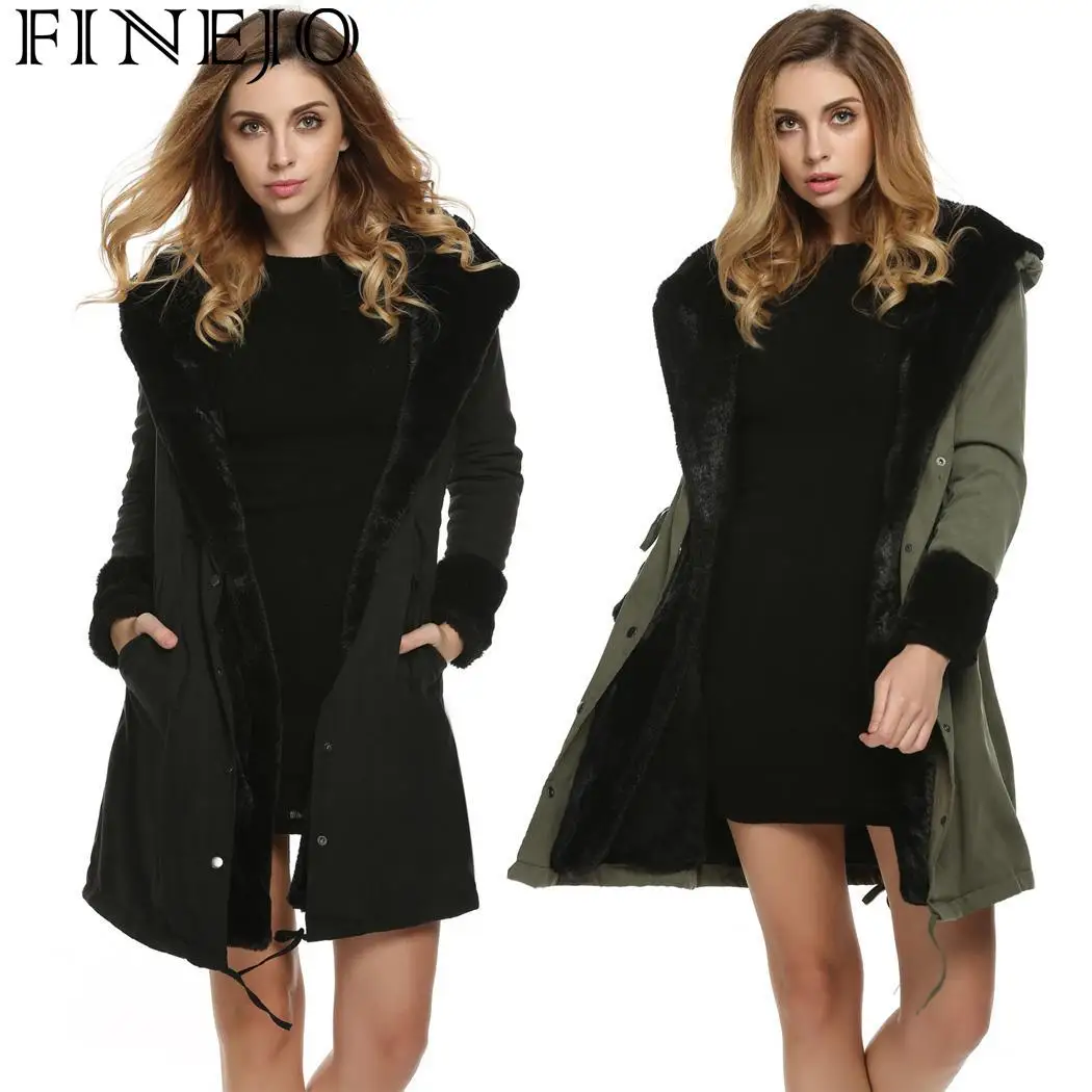 FINEJO Long Overcoat Stylish Jacket Warm Winter Winter Fur Coat Coats Hooded Outerwear Faux Parka Women Thick