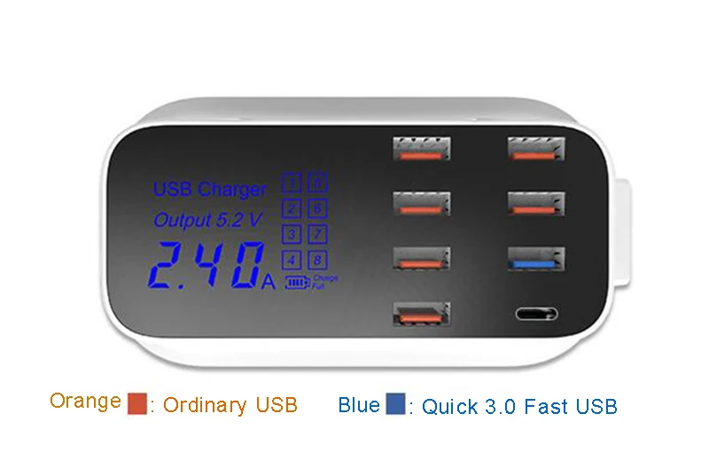 Быстрое зарядное устройство 3,0 8 портов мульти зарядное устройство type-C ЕС США Великобритания адаптер 150 см зарядный кабель ЖК-индикатор зарядки Мульти usb зарядка