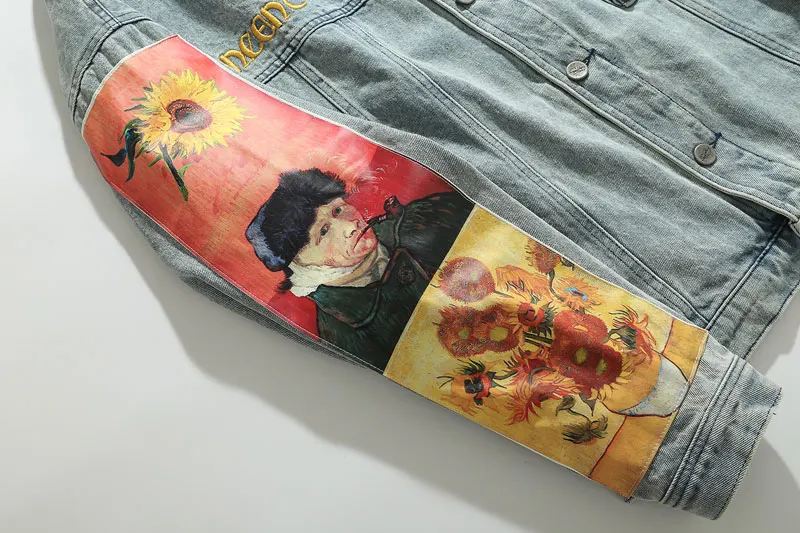 GONTHWID Van Gogh Painting Patchwork Embroidery Denim Jackets Hip Hop Casual Loose Jean Jackets Streetwear Fashion Outwear Coats