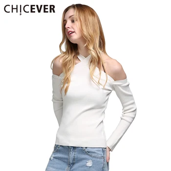 

CHICEVER 2020 Spring Off Shoulder Women T shirts Top Long Sleeve Slim Hollow Female T shirt Pullovers Clothes Fashion Casual New