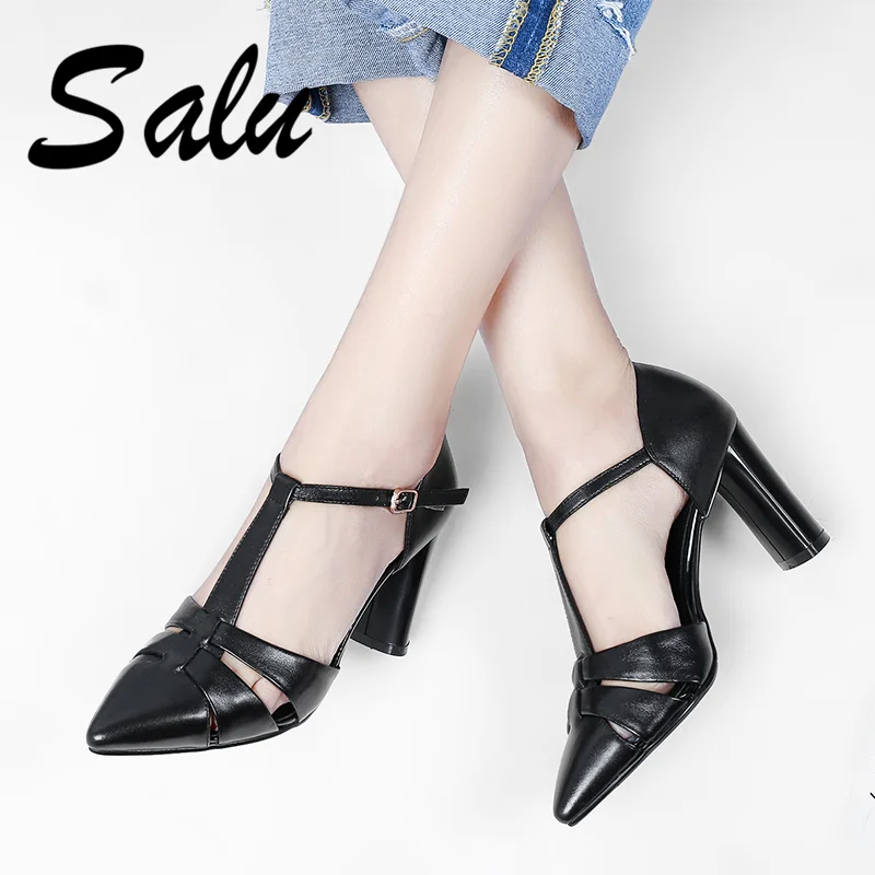 

Salu Women Sandals Summer Genuine Leather Pointed Toe Women's Sandals Heel Sexy Back Fashion Wedding Shoes Woman