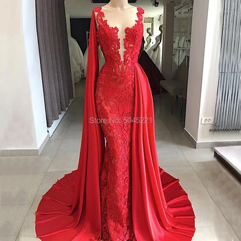 

Arabic Red Lace Evening Dresses 2019 Aibye Muslim Luxury Formal Tulle Long Party Dress Turkish Prom Kaftans Gowns Robe de soiree
