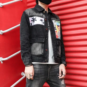 

2019 Black Denim Jackets Hip-Hop Print Men Streetwear Graffiti Turn-Down Size M-XXXL