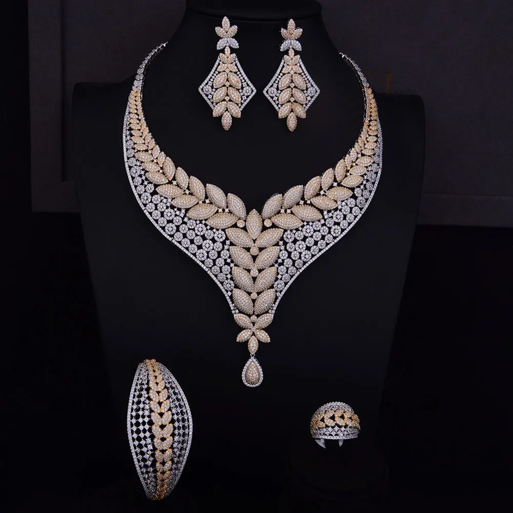 

GODKI Luxury Feather Flower Women Nigerian Wedding Naija Bride Cubic Zirconia Necklace Dubai 4PCS Wedding Jewelry Set