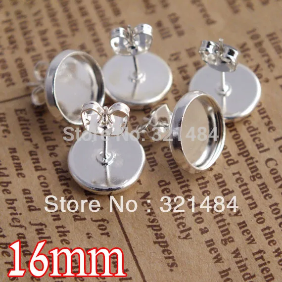 

bulk 1000X silver plated 16mm cameo cabochon setting blank earring post with pad and backs butterfly stoppers for stud findings