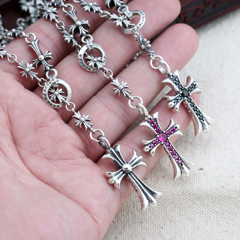 

Starfield S925 Sterling Silver Retro Thai Silver Inlaid Cross Sweater Chain Men Women Vintage Necklace