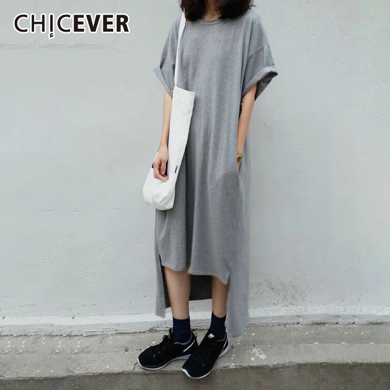 

CHICEVER Summer Solid Loose Women's Dress O Neck Short Sleeve Hem Split Asymmetrical Female Dresses Fashion New Casual